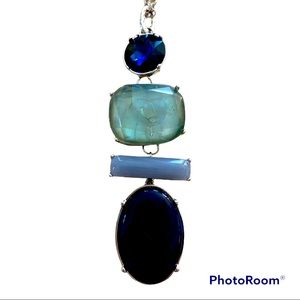 Mobwife Long Blue Faux 4 Gem Stone‎ Silver Dangle Necklace
